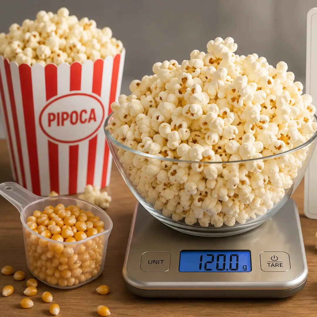 Tigela de pipoca numa balança de cozinha mostrando 120g, com balde de pipoca e medidor de milho cru
