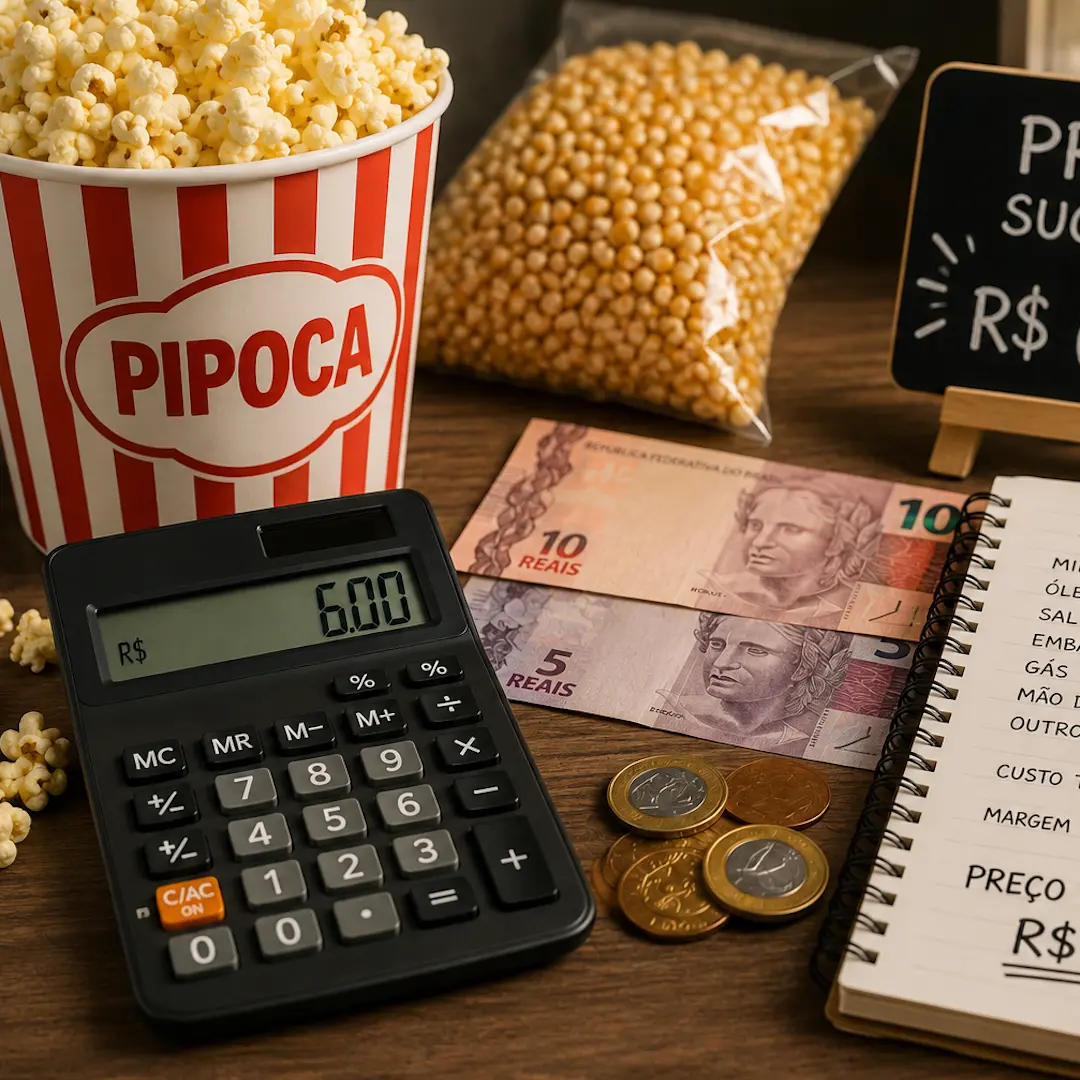 Balde de pipoca, calculadora mostrando R$ 6,00, notas e moedas, caderno com cálculo de margem
