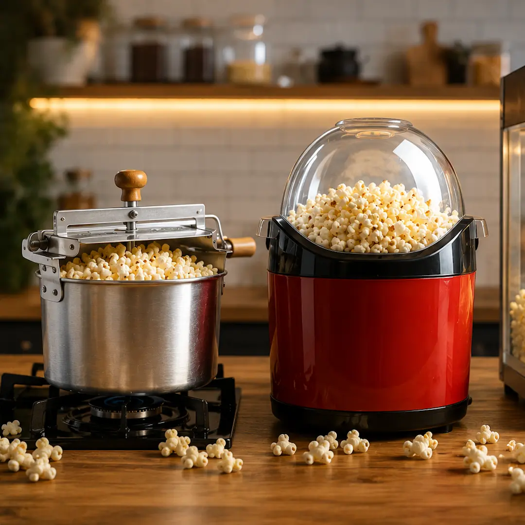 Pipoqueira de panela manual de aço inox ao lado de pipoqueira elétrica vermelha com cúpula de plástico