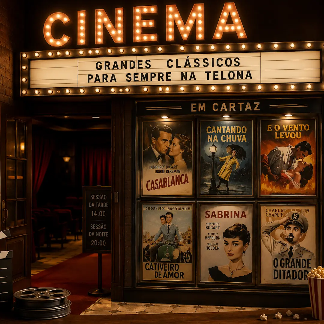 Fachada de cinema clássico com marquise iluminada 'CINEMA' e vitrine de pôsteres de filmes em cartaz