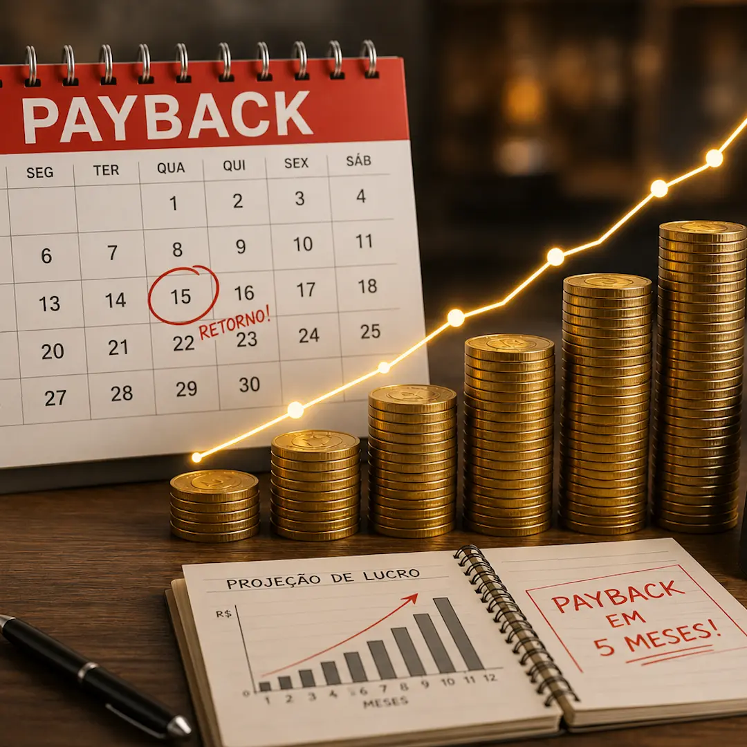 Calendário marcando 'RETORNO!' no dia 15, pilhas crescentes de moedas e caderno com projeção de lucro 'Payback em 5 meses'